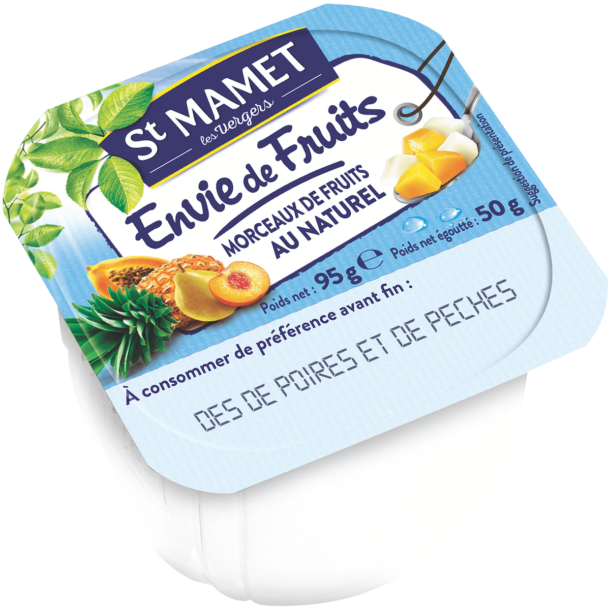 ENVIE DE FRUITS DES DE PECHES ET POIRES AU NATUREL - 120 POTS PLASTIQUES DE 95G