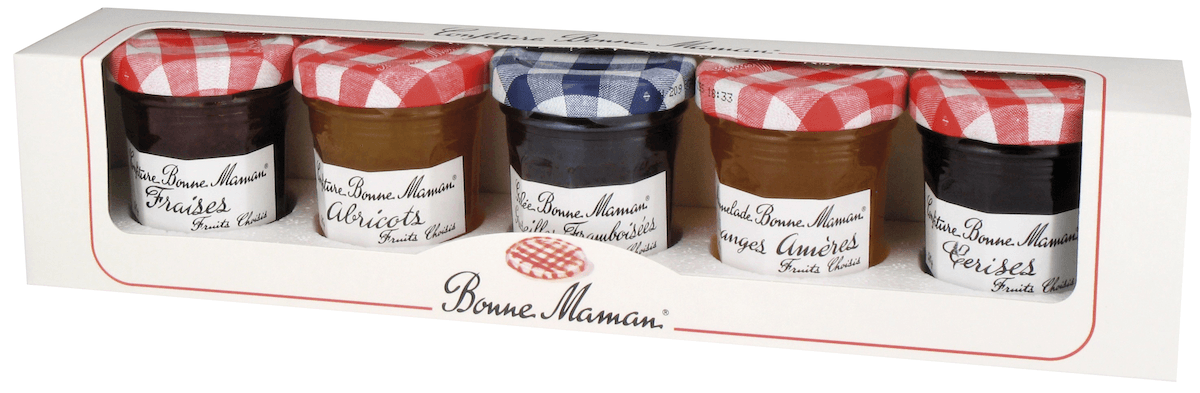 COFFRET  5X50G CONFITURE FRAISES-ABRICOTS-CERISES-GELEE GROSEILLES-ORANGES