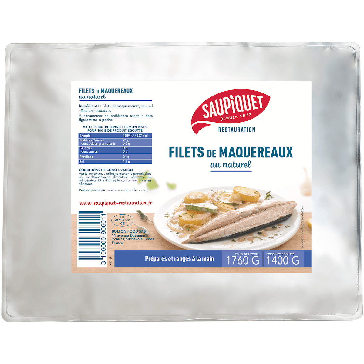 FILETS DE MAQUEREAUX ENTIERS AU NATUREL POCHE 3/1