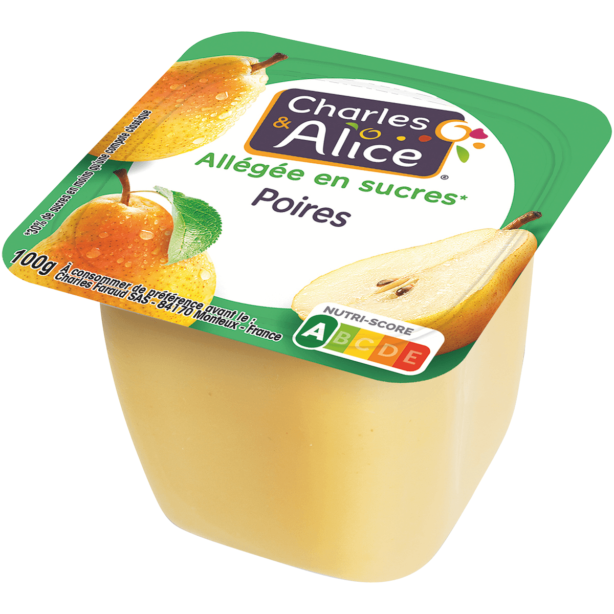 COMPOTE POIRE ALLEGEE EN SUCRE - COUPELLE PLASTIQUE DE 100 G
