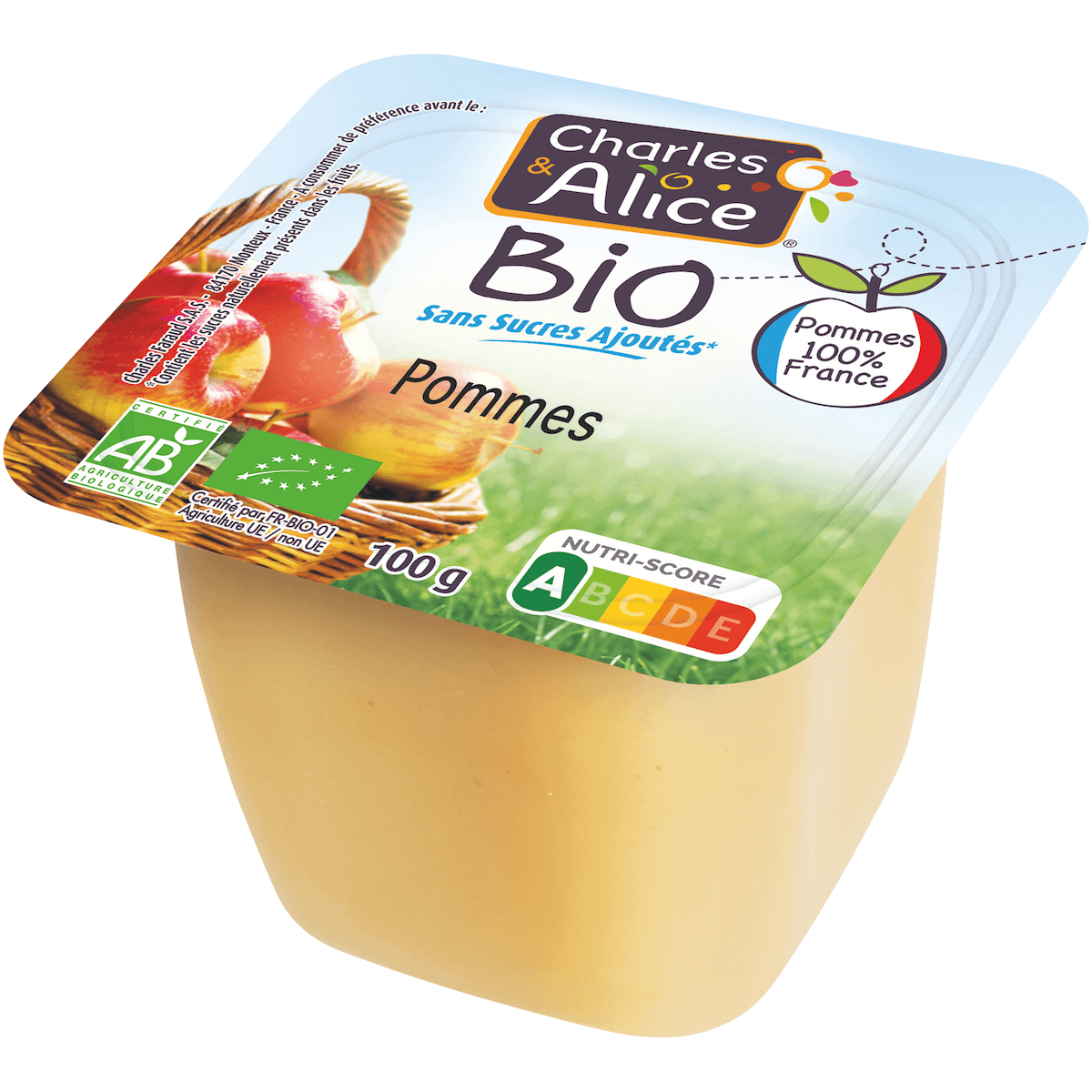 PUREE DE POMME BIO SSA - 100 % FRANCE - COUPELLE PLASTIQUE DE 100G