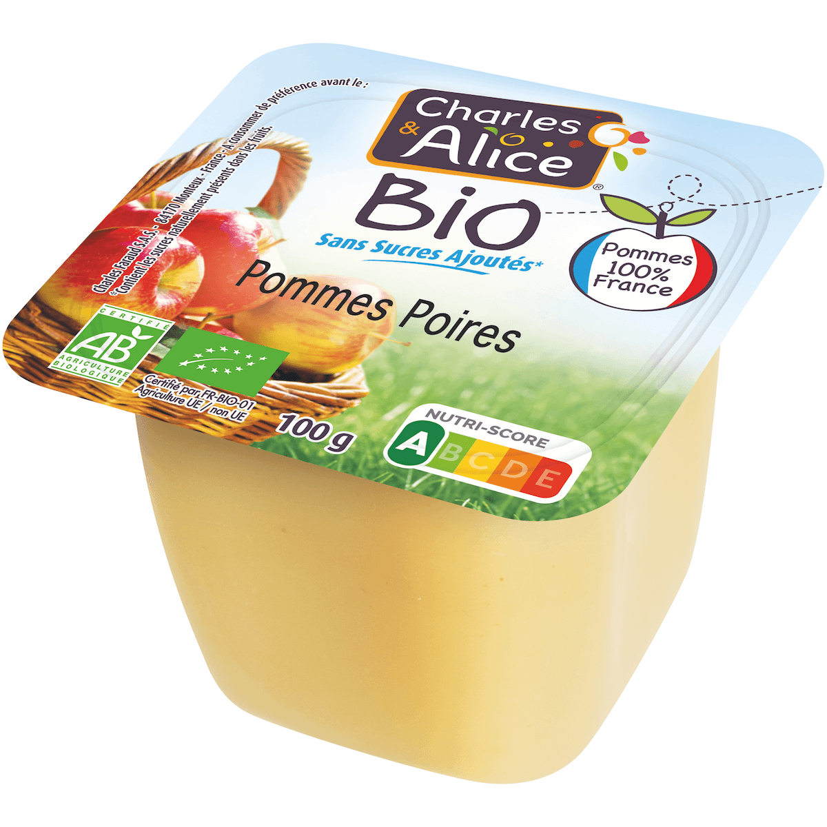 PUREE DE FRUITS POMMES POIRES BIO SSA - 100 % FRANCE - COUPELLE DE 100G
