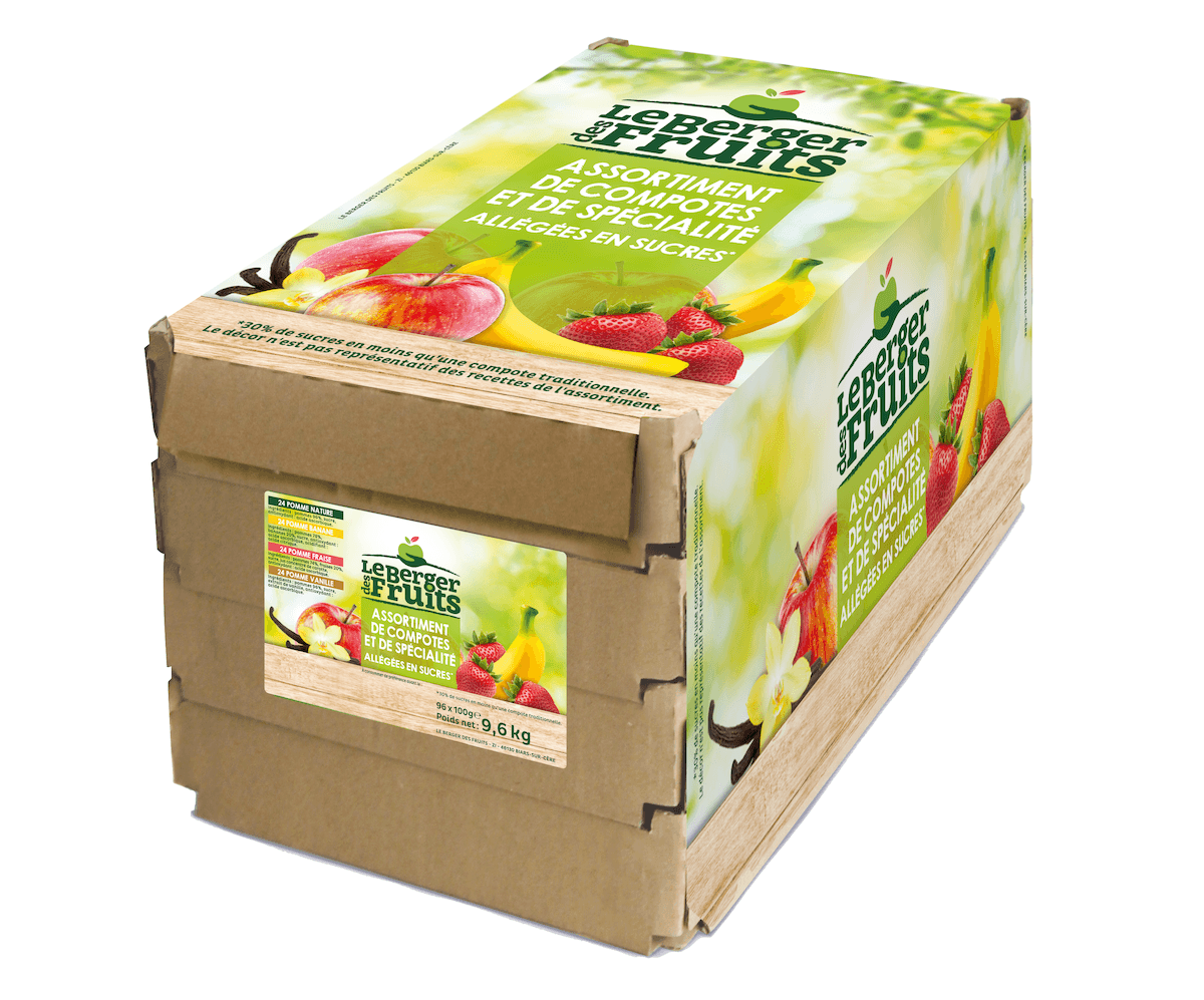 ASSORTIMENT COMPOTE DE FRUITS(POMME,POM-FRAI,POM-BAN,POM-VA) 100G