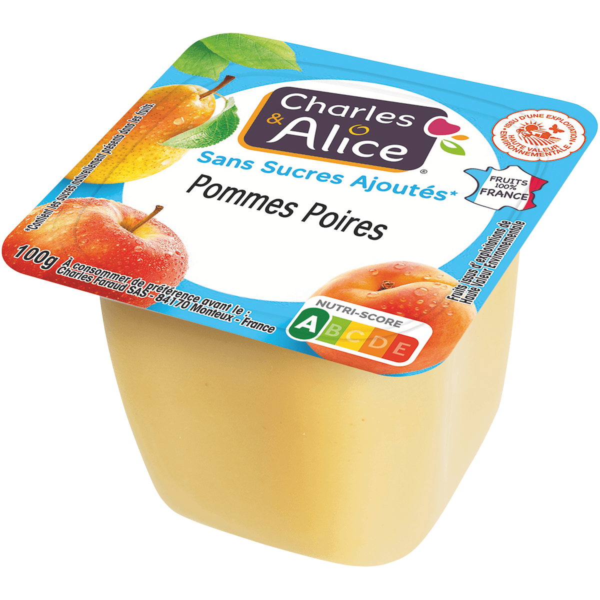 PUREE POMMES POIRES HVE SSA - 100% FRANCE - COUPELLE PLASTIQUE DE 100 G
