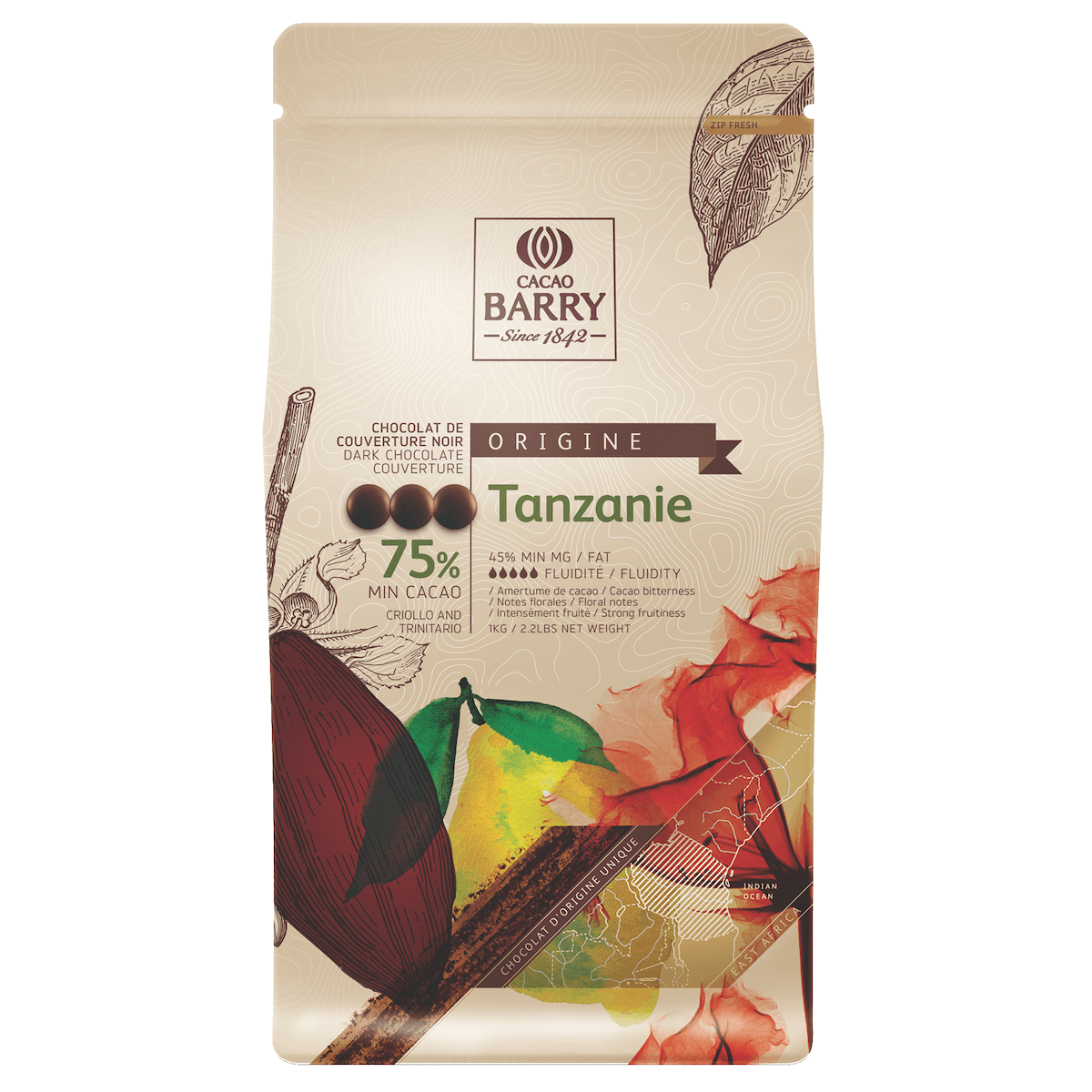 TANZANIE (NOIR, CACAO 75%) PISTOLES SAC 1KG