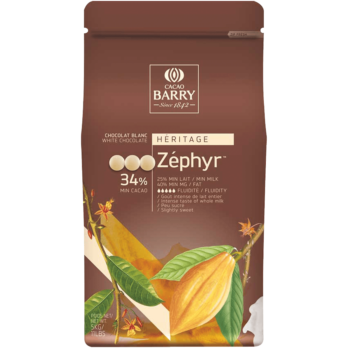 CHOCOLAT BLANC ZEPHYR (CACAO 34%) PISTOLES SAC 1KG