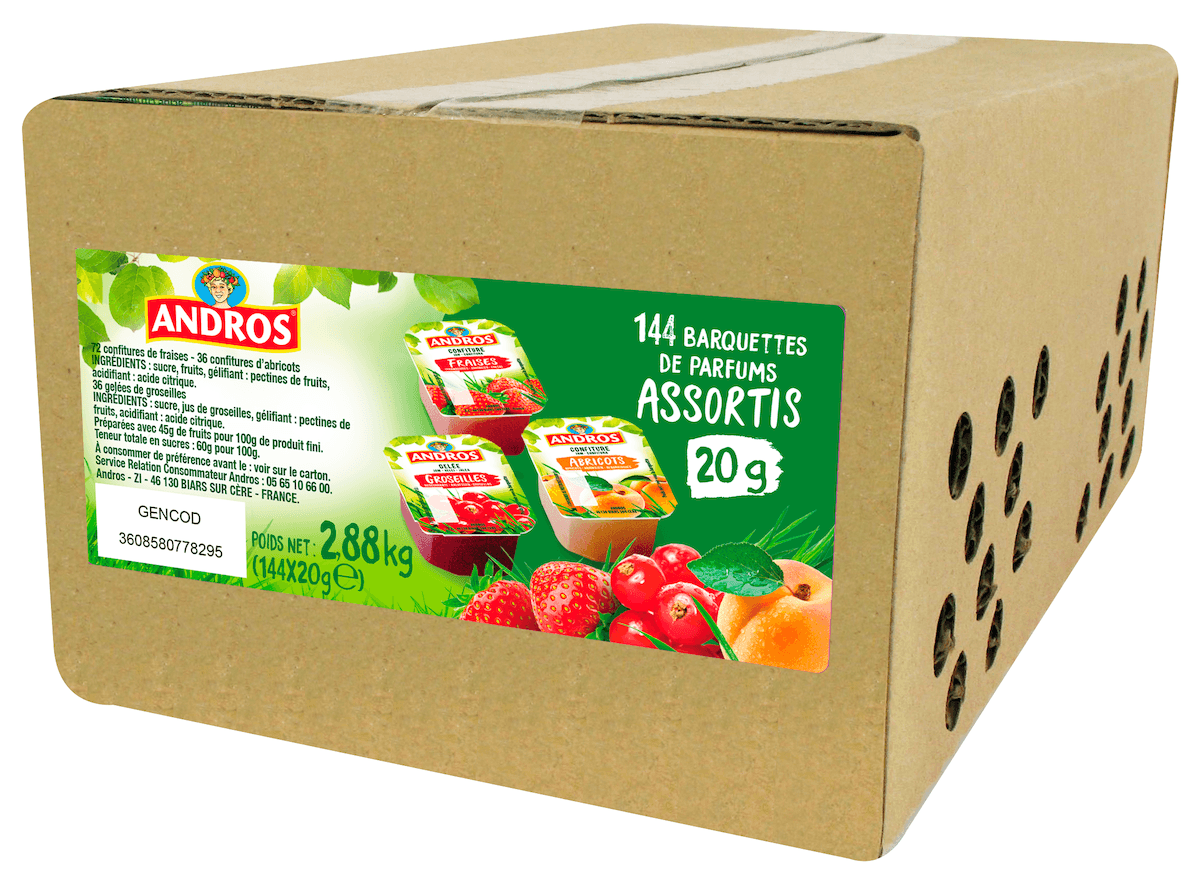CARTON ASSORTI  (72 FRAISES 36 ABRICOTS 36 GROSEILLES) BARQUETTE DE 20G