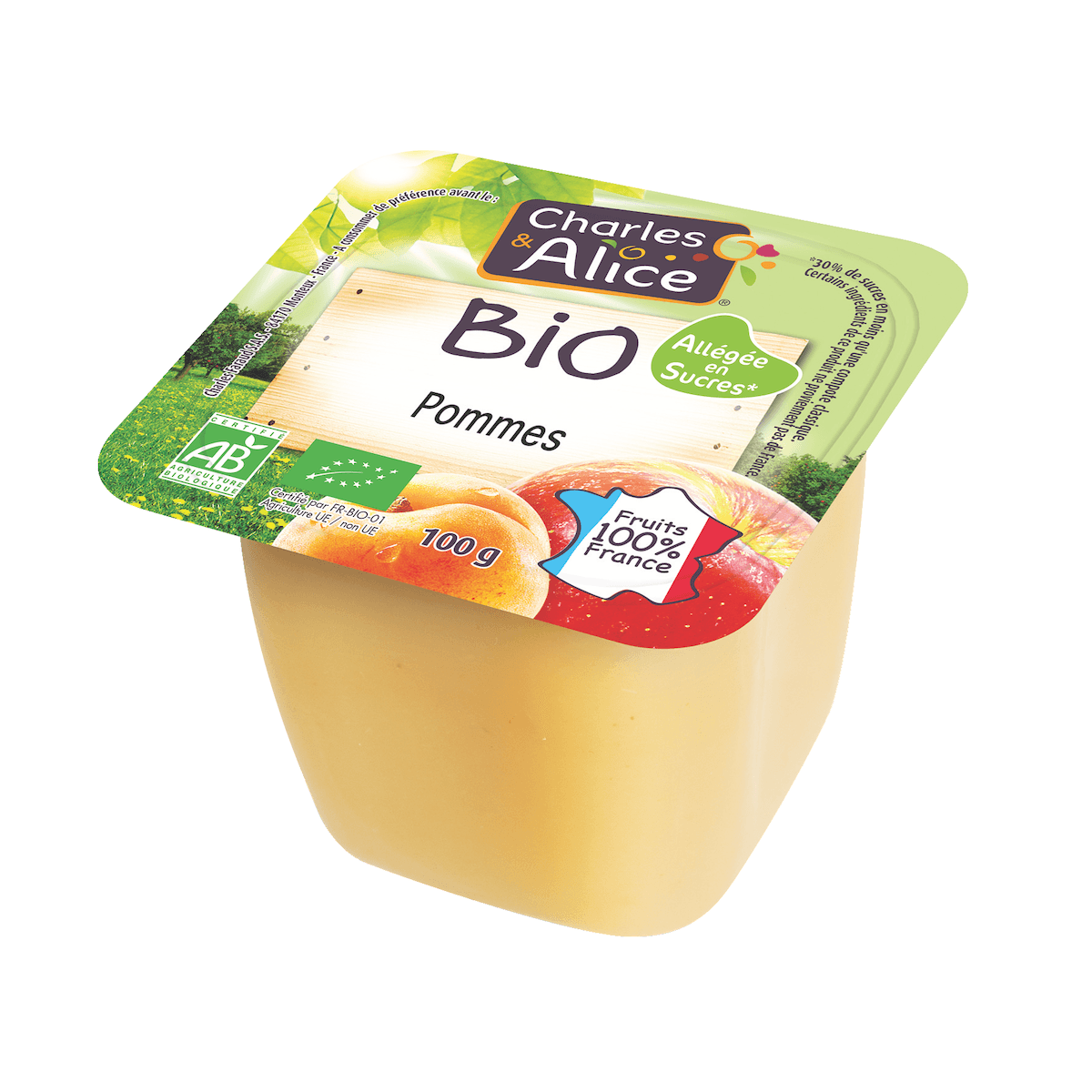 COMPOTE DE POMMES  BIO ALLEGEE EN SUCRES - 100% FRANCE -COUPELLE 100G