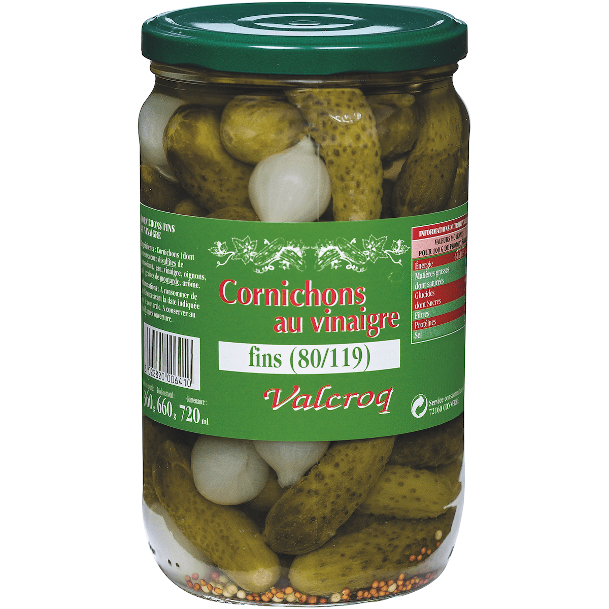 CORNICHONS FINS AU VINAIGRE 80+ VALCROQ BOCAL 360G (PNE)