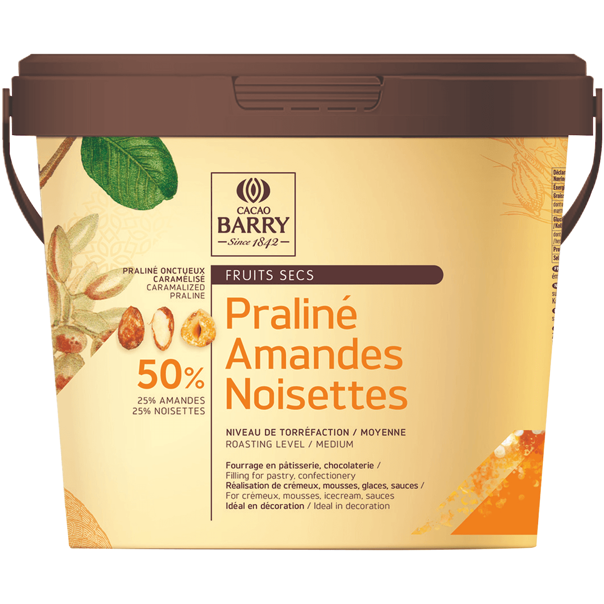 PRALINE CARAMELISE AMANDES NOISETTES 50% SEAU 5KG