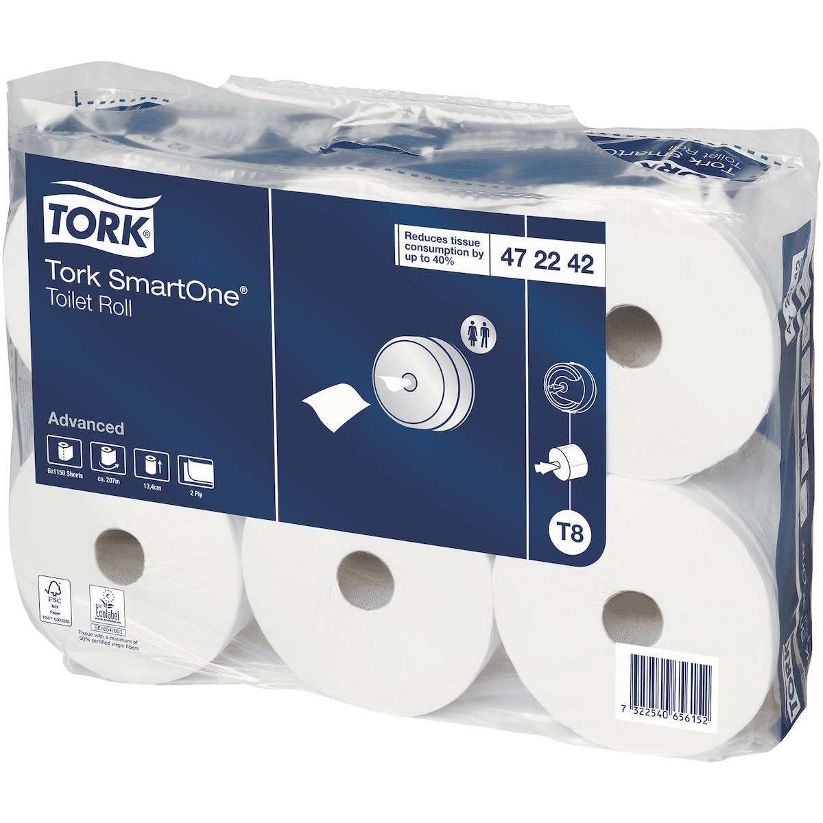 ROULEAU PAPIER TOILETTE 2 PLIS BLANC 1150 FORMATS SMARTONE T8 - CARTON DE 6