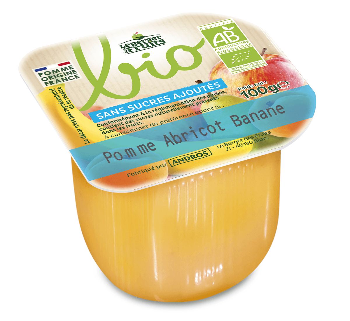 PUREE DE FRUIT SS SUCRES AJOUTES POMME ABRICOT BANANE BIO 100G