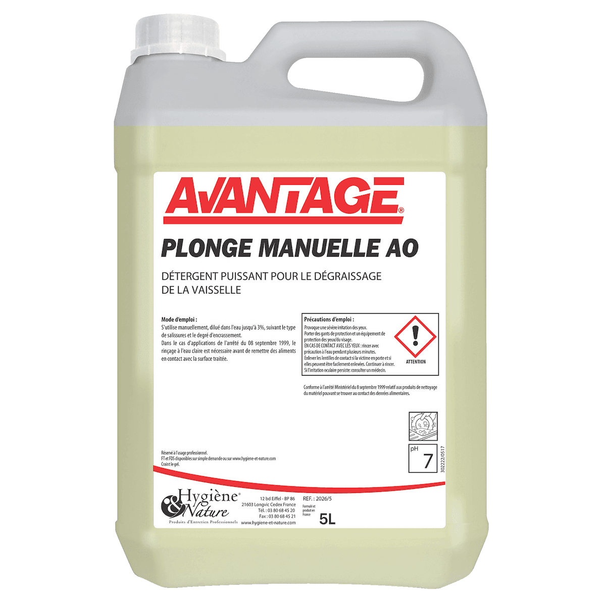 DÉTERGENT LIQUIDE PLONGE MANUELLE CITRON AVANTAGE -BIDON DE 5L