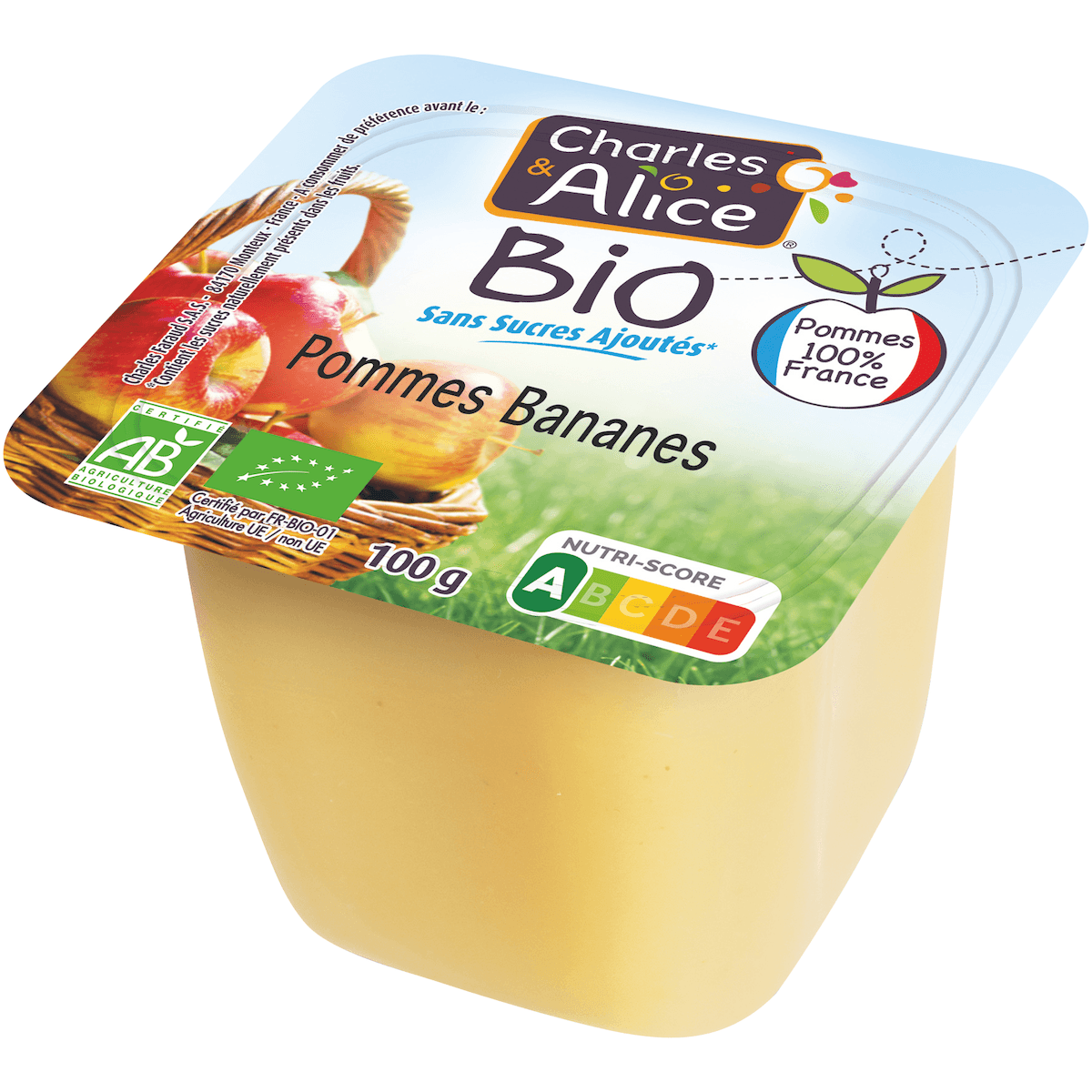 PUREE DE FRUITS POMMES BANANES BIO SSA - 100 % FRANCE - COUPELLE DE 100G
