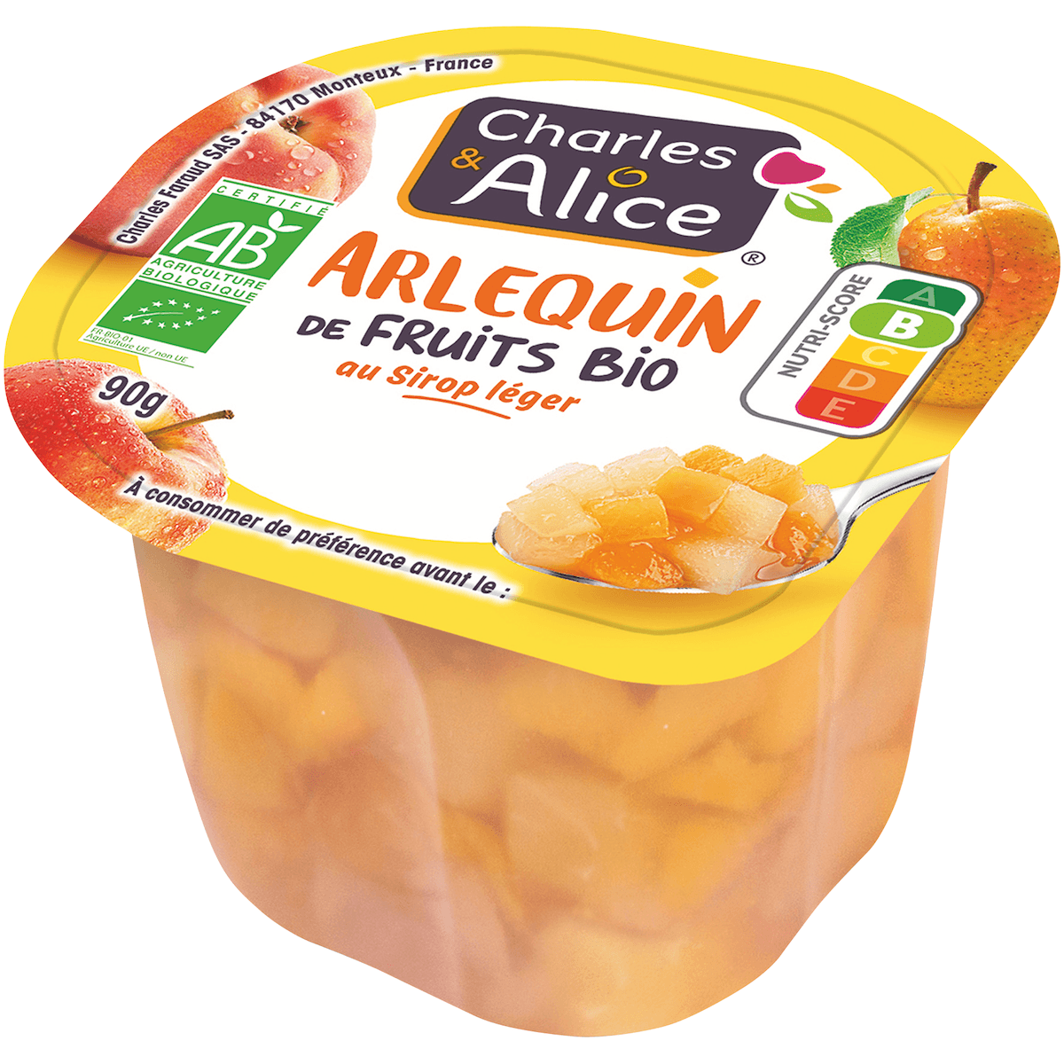 ARLEQUIN DE FRUITS AU SIROP LEGER BIO - COUPELLE PLASTIQUE 90G