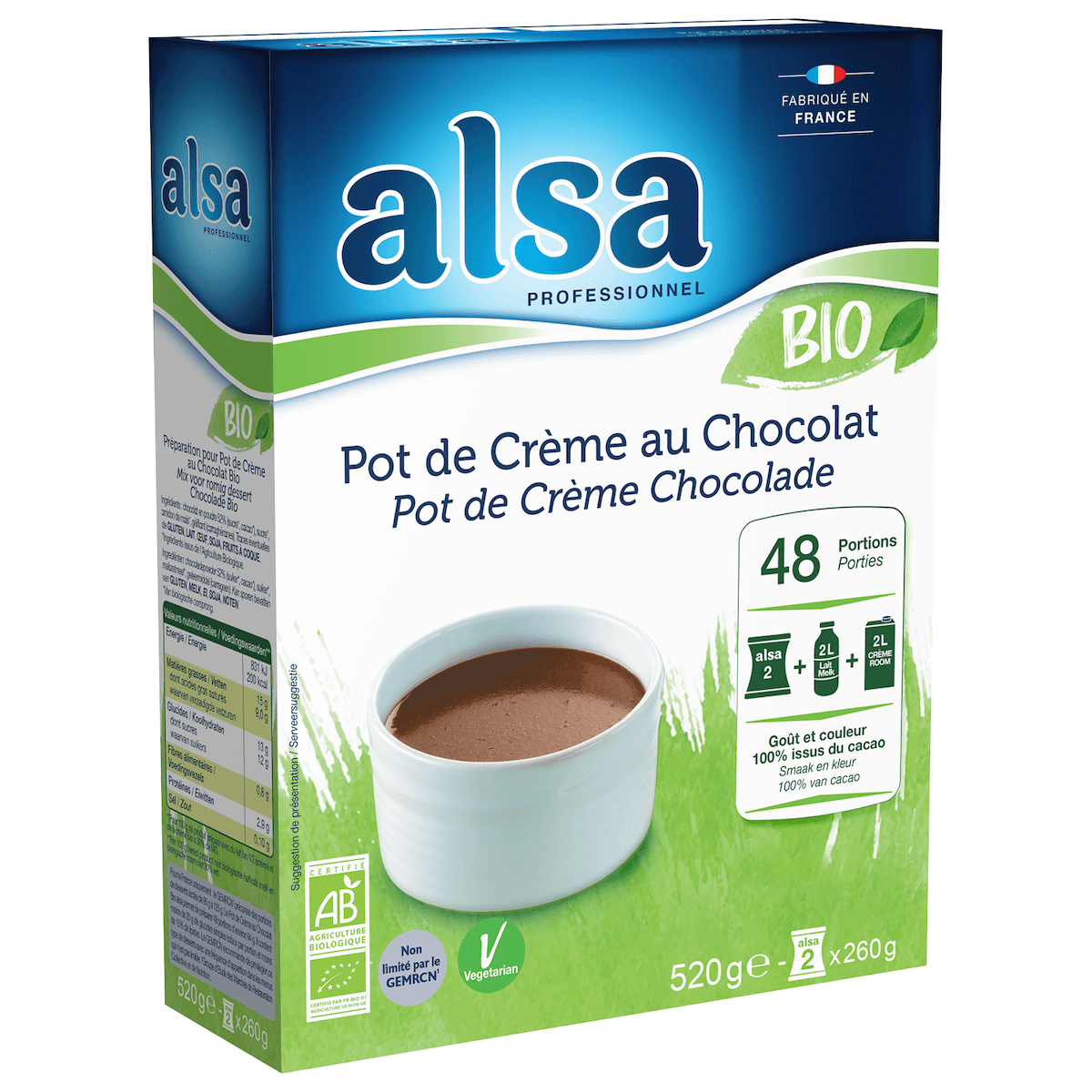 POT DE CREME AU CHOCOLAT BIO 520GR 48 PORTIONS