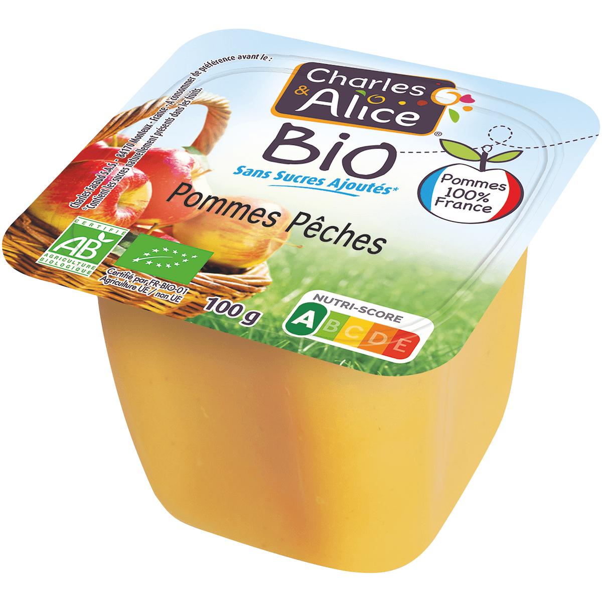 PUREE DE FRUITS POMMES PECHES BIO SSA - 100 % FRANCE - COUPELLE DE 100G