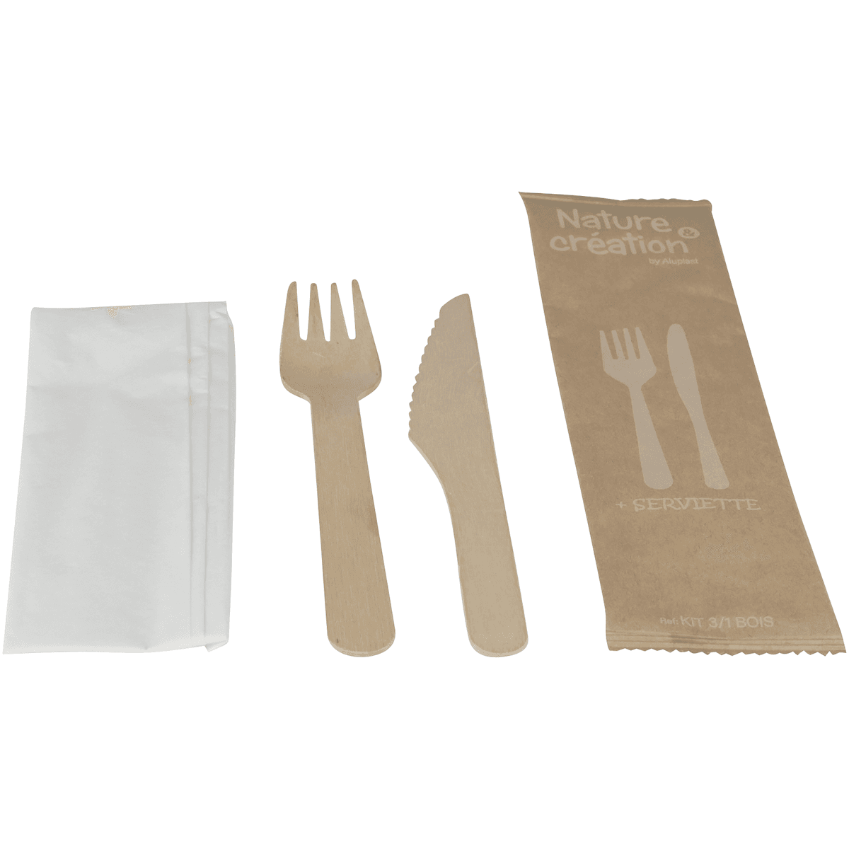 KIT 3/1 BOIS (FOURCHETTE, COUTEAU, SERVIETTE 1 PLI) - 250 P/C
