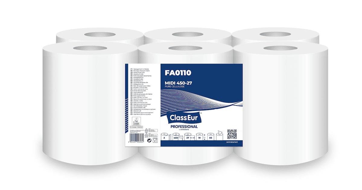 BOBINE D'ESSUYAGE DÉVIDAGE CENTRAL 2 PLIS LISSE BLANC 450 FORMATS X6