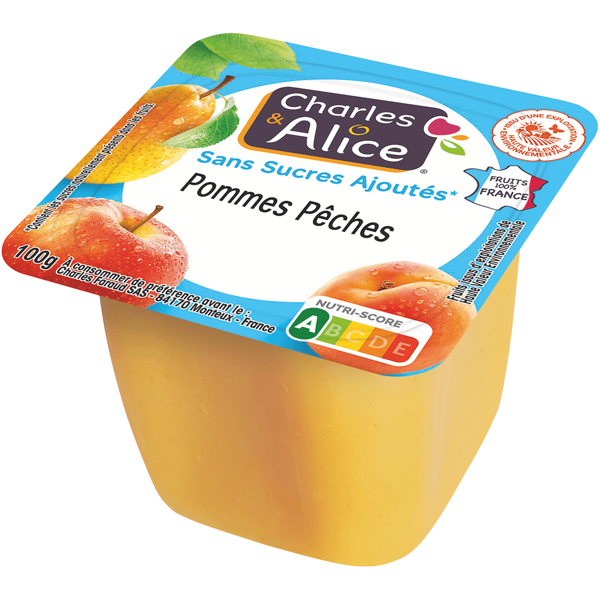 PUREE POMMES PECHES HVE SSA - 100% FRANCE - COUPELLE PLASTIQUE DE 100 G