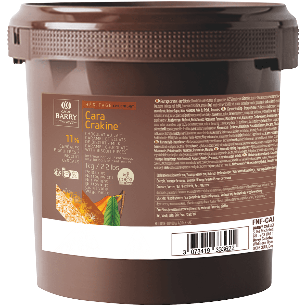 CARA CRAKINE (MELANDE CHOCOLAT AU LAIT CARAMEL+CEREALES BISCUITEES) SEAU 1KG