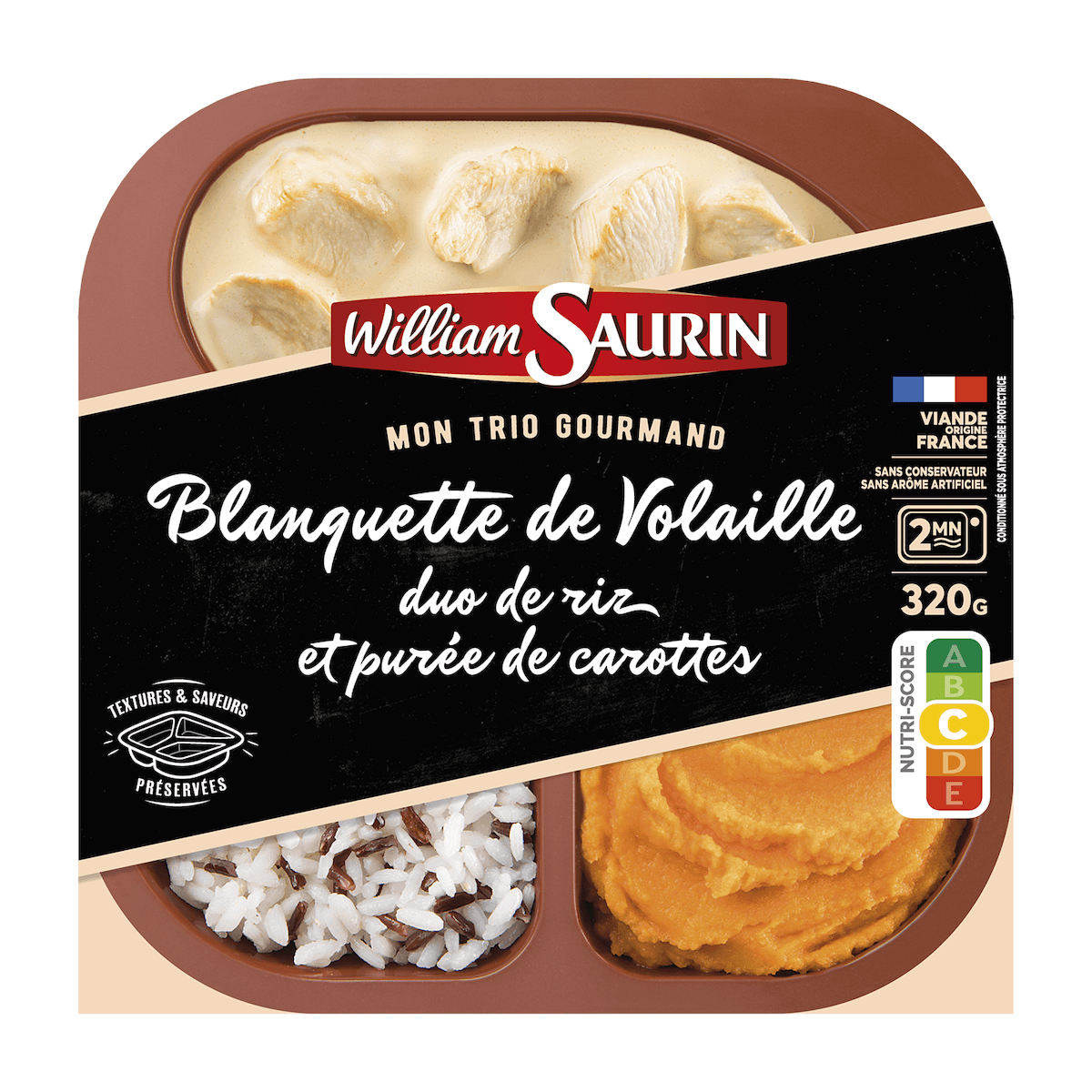 BLANQUETTE DE VOLAILLE, DUO DE RIZ ET PURÉE DE CAROTTES 320G