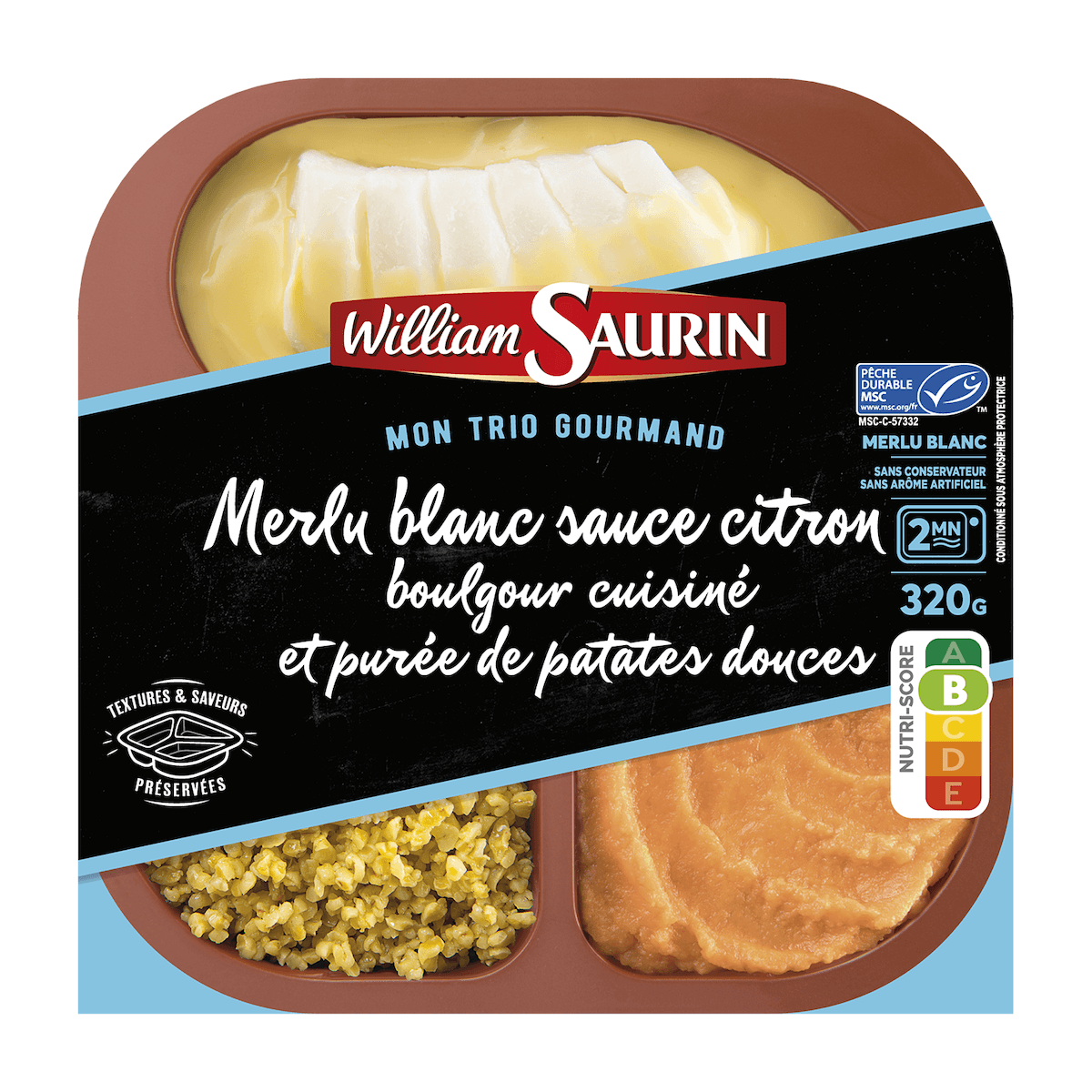 MERLU BLANC SAUCE CITRON, BOULGOUR CUISINÉ ET PURÉE DE PATATES DOUCES 320G