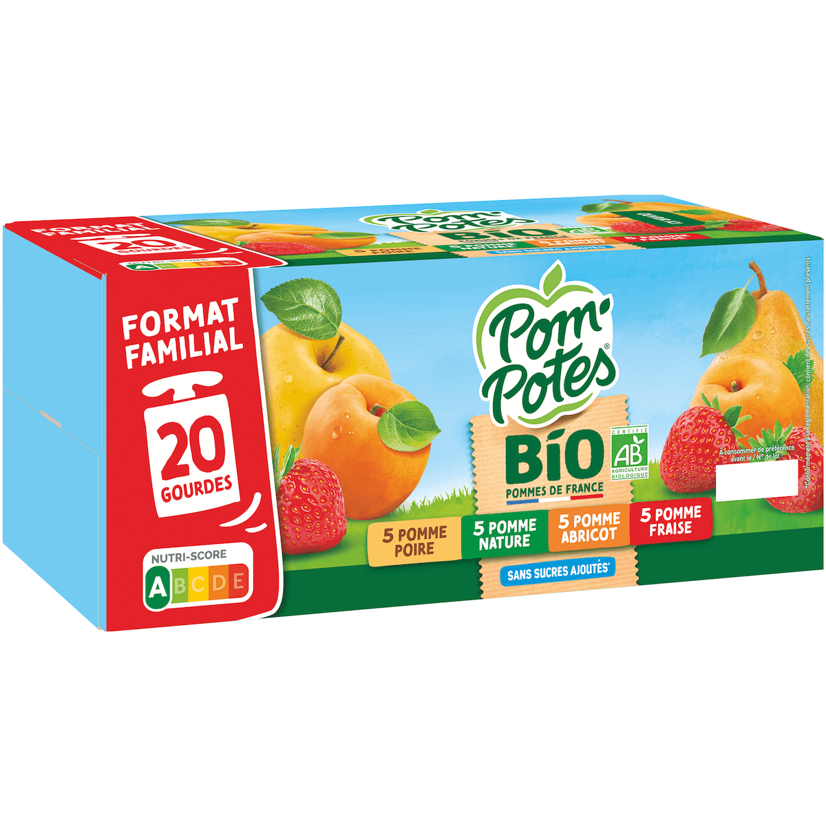 POM'POTES MULTI VARIETES BIO POMME/ABRICOT/POIRE/FRAISE GOURDE 90G 4X20 GOURDES