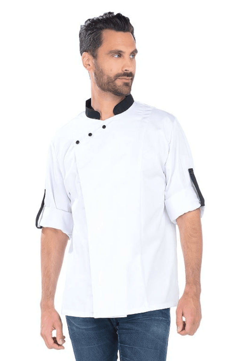 VESTE DE CUISINE FABIO SATIN 50/50 BLANC/NOIR