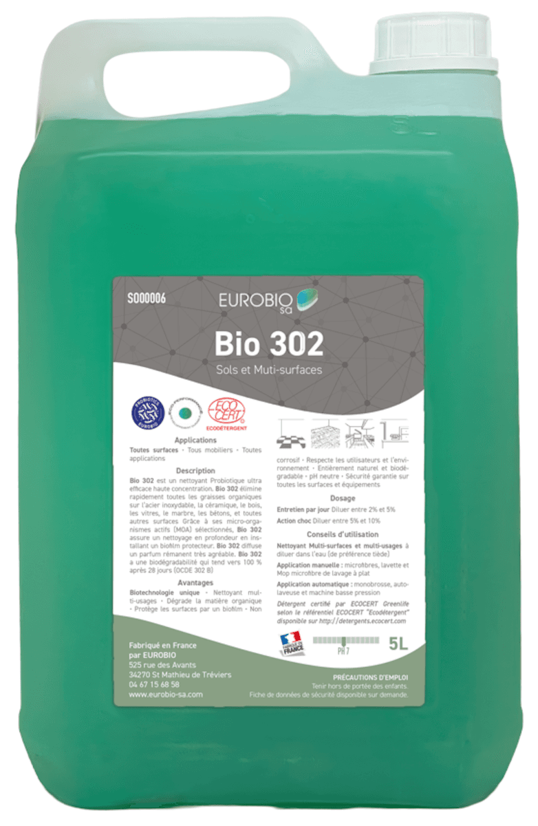 SOLS ET MULTI SURFACES 302 PROBIOTIQUES - BIDON DE 5L + BOUCHON DOSEUR